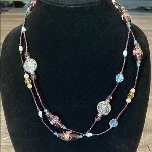 Artisan Beaded Necklace with Purple and Silver Accents & pearls